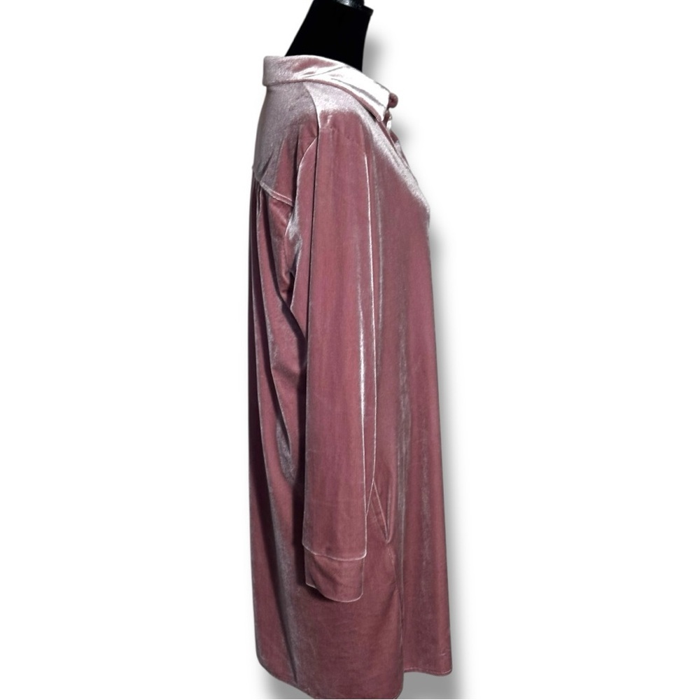 Rose/Mauve Velvet Long Sleeve Button Down Collared Mini Shirt Dress - Picture 6 of 16